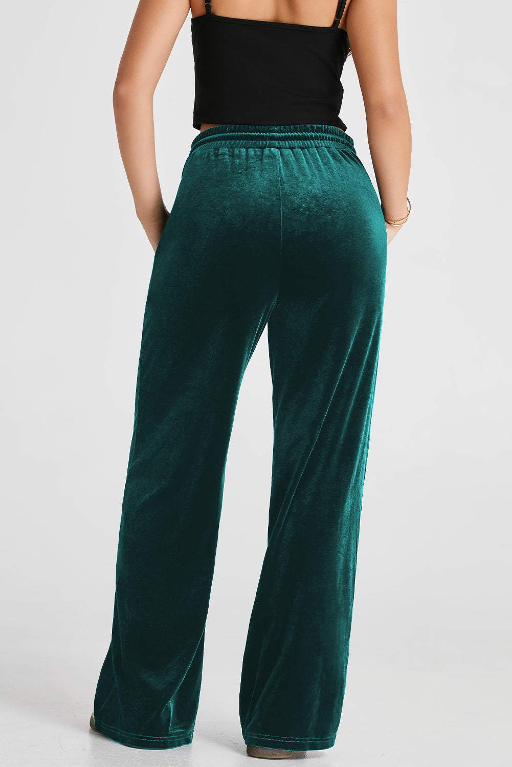 Evergreen Solid Drawstring Waist Wide Leg Trousers - eAura