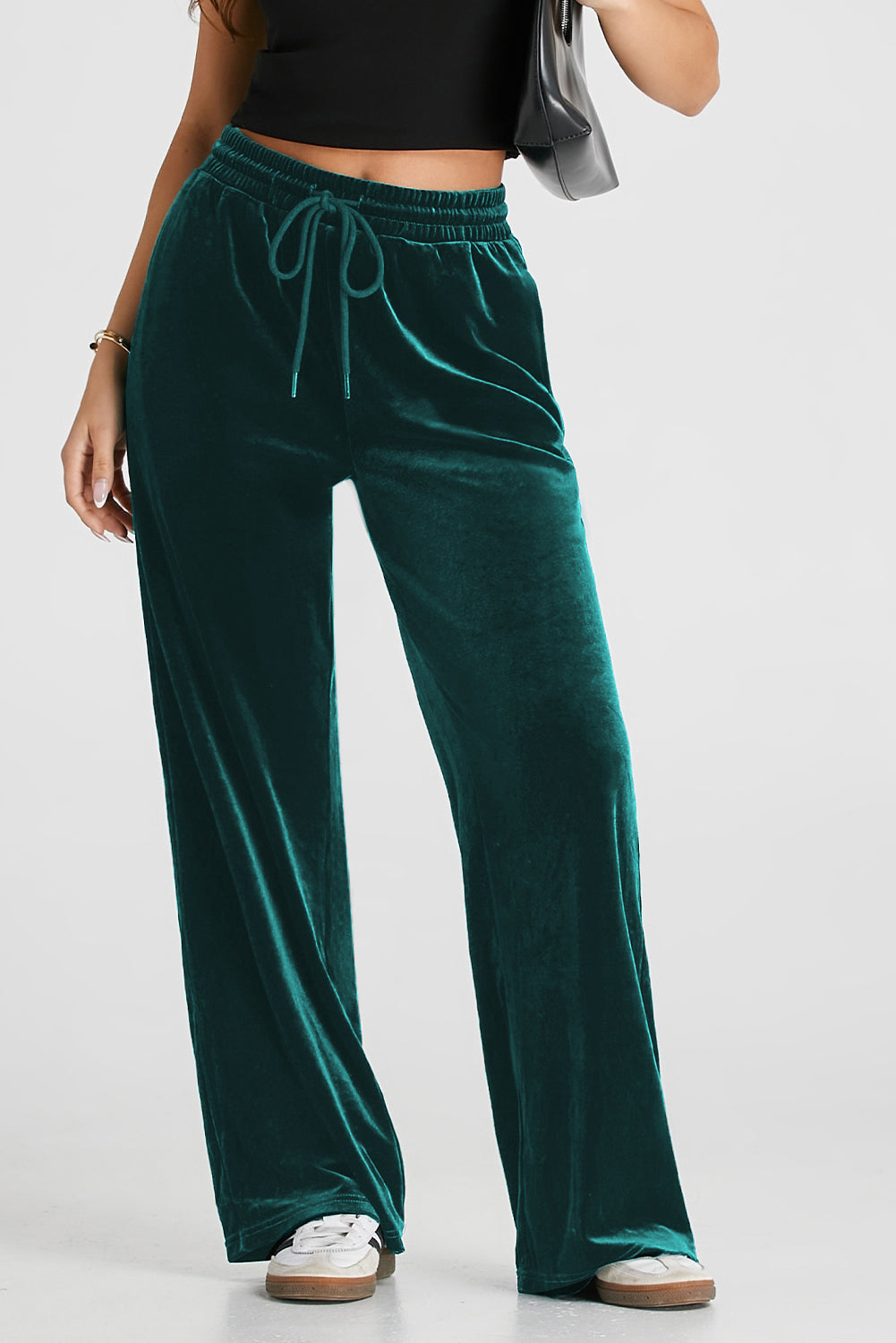 Evergreen Solid Drawstring Waist Wide Leg Trousers - Activewear/Yoga Pants