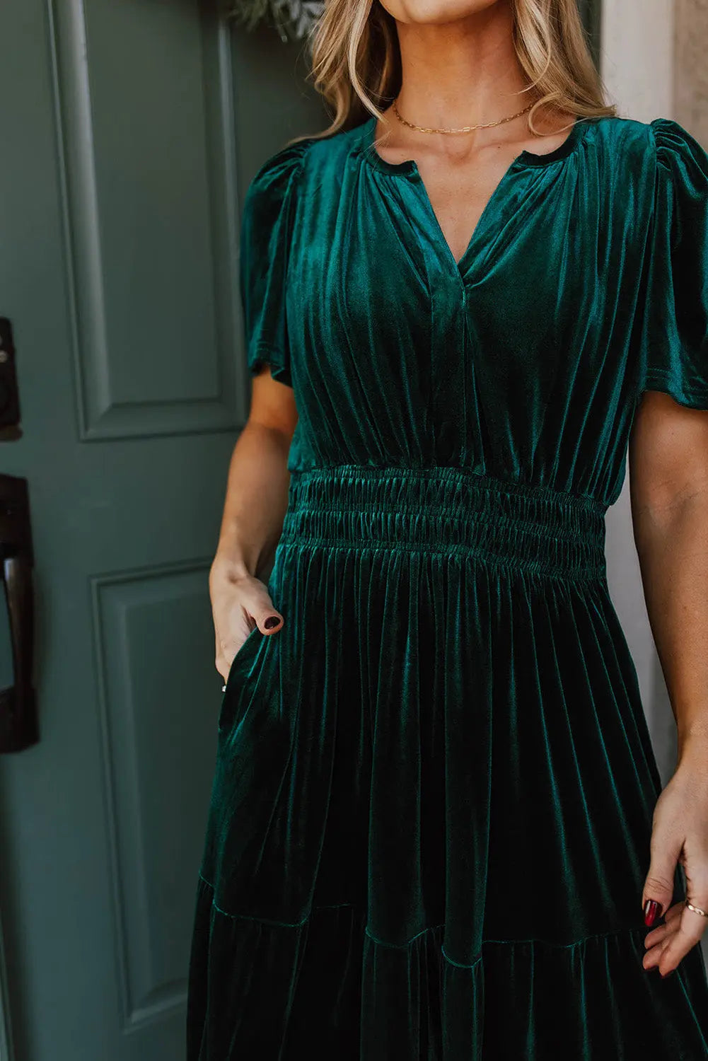 Velvet Short Sleeve Shirred Waist Tiered Maxi Dress - BB Fashion Outlet