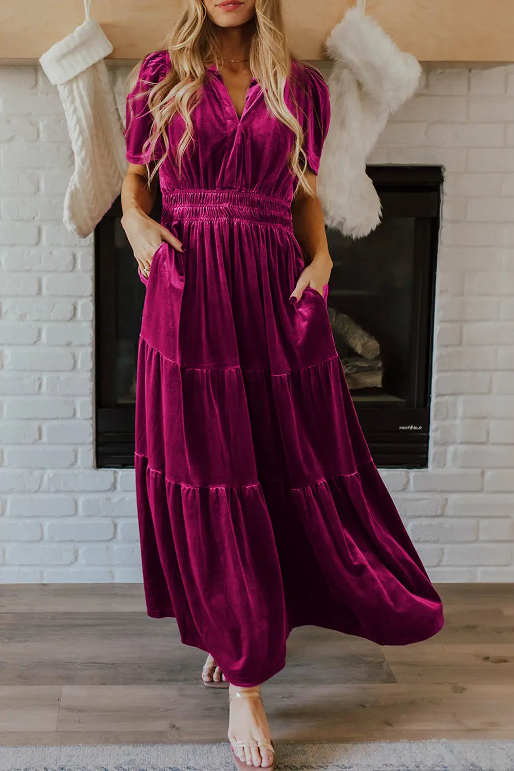 Velvet Short Sleeve Shirred Waist Tiered Maxi Dress - BB Fashion Outlet