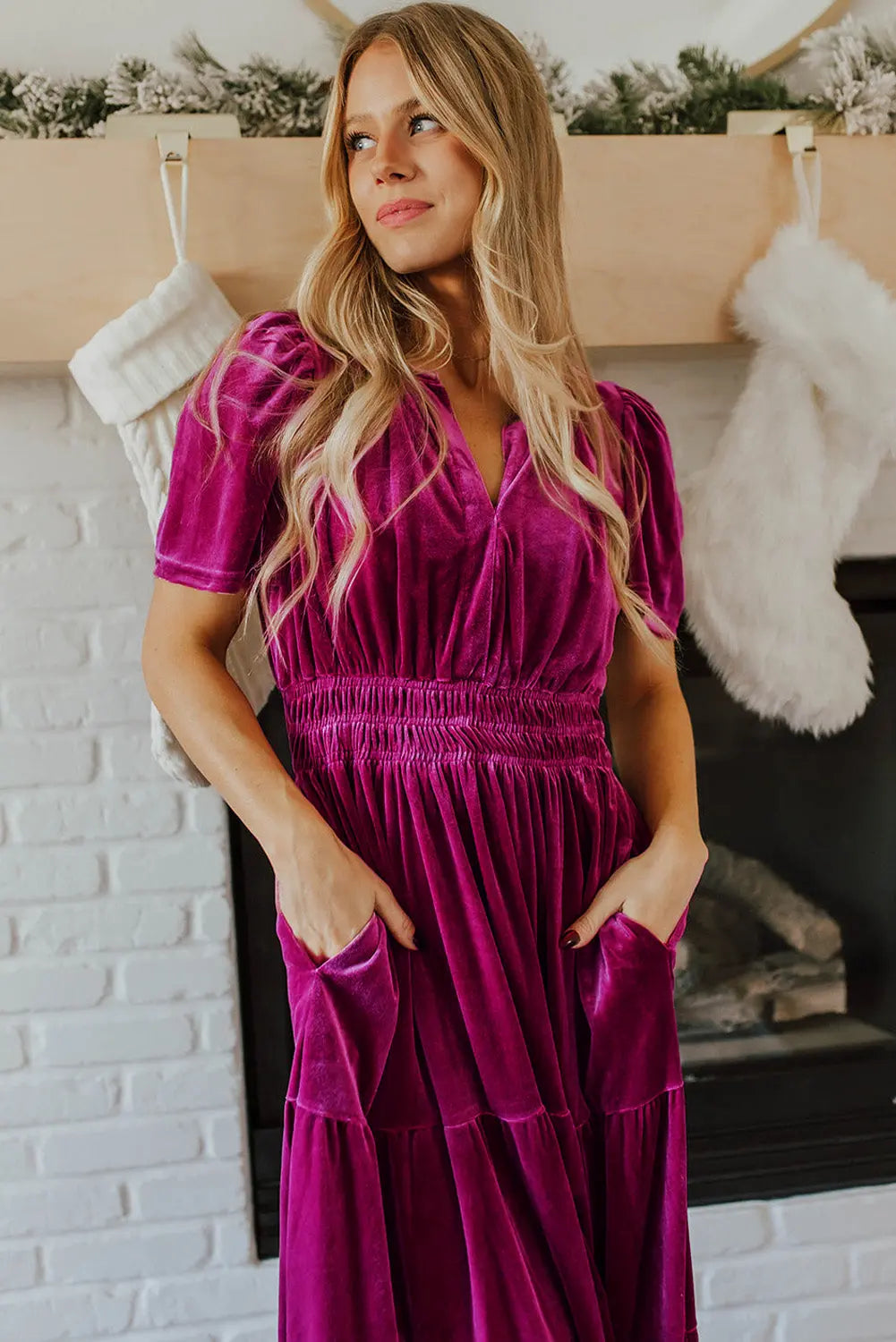 Velvet Short Sleeve Shirred Waist Tiered Maxi Dress - BB Fashion Outlet