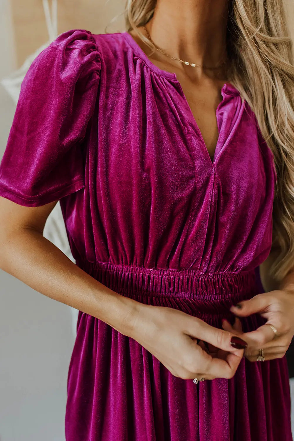 Velvet Short Sleeve Shirred Waist Tiered Maxi Dress - BB Fashion Outlet