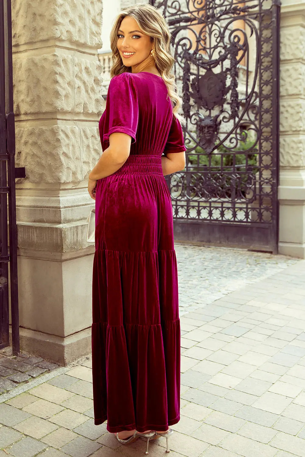 Velvet Short Sleeve Shirred Waist Tiered Maxi Dress - BB Fashion Outlet