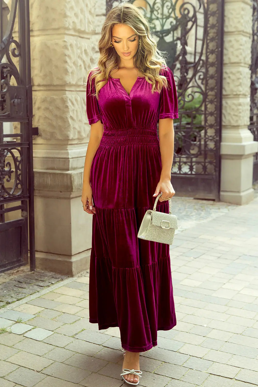 Velvet Short Sleeve Shirred Waist Tiered Maxi Dress - BB Fashion Outlet
