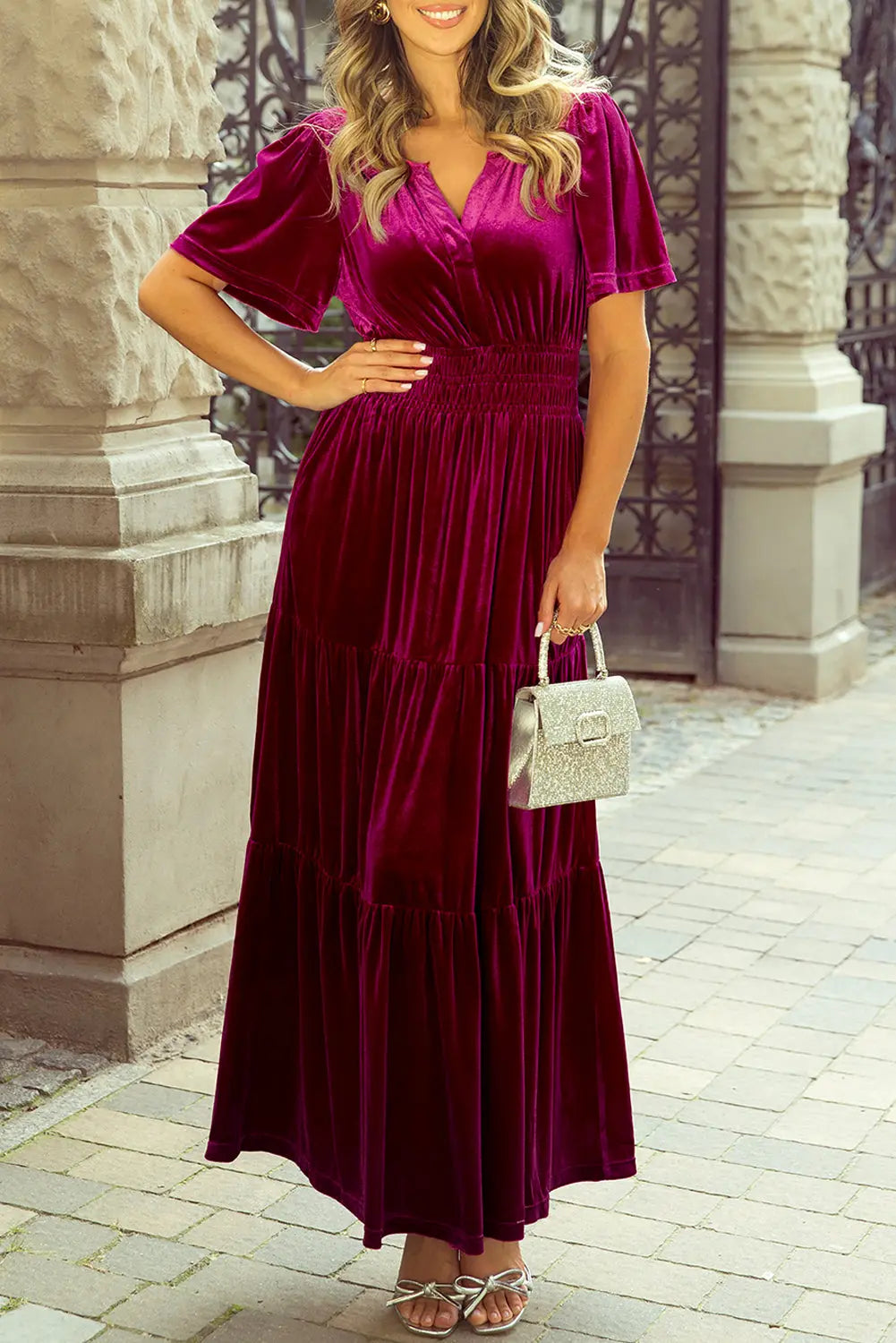 Velvet Short Sleeve Shirred Waist Tiered Maxi Dress - BB Fashion Outlet