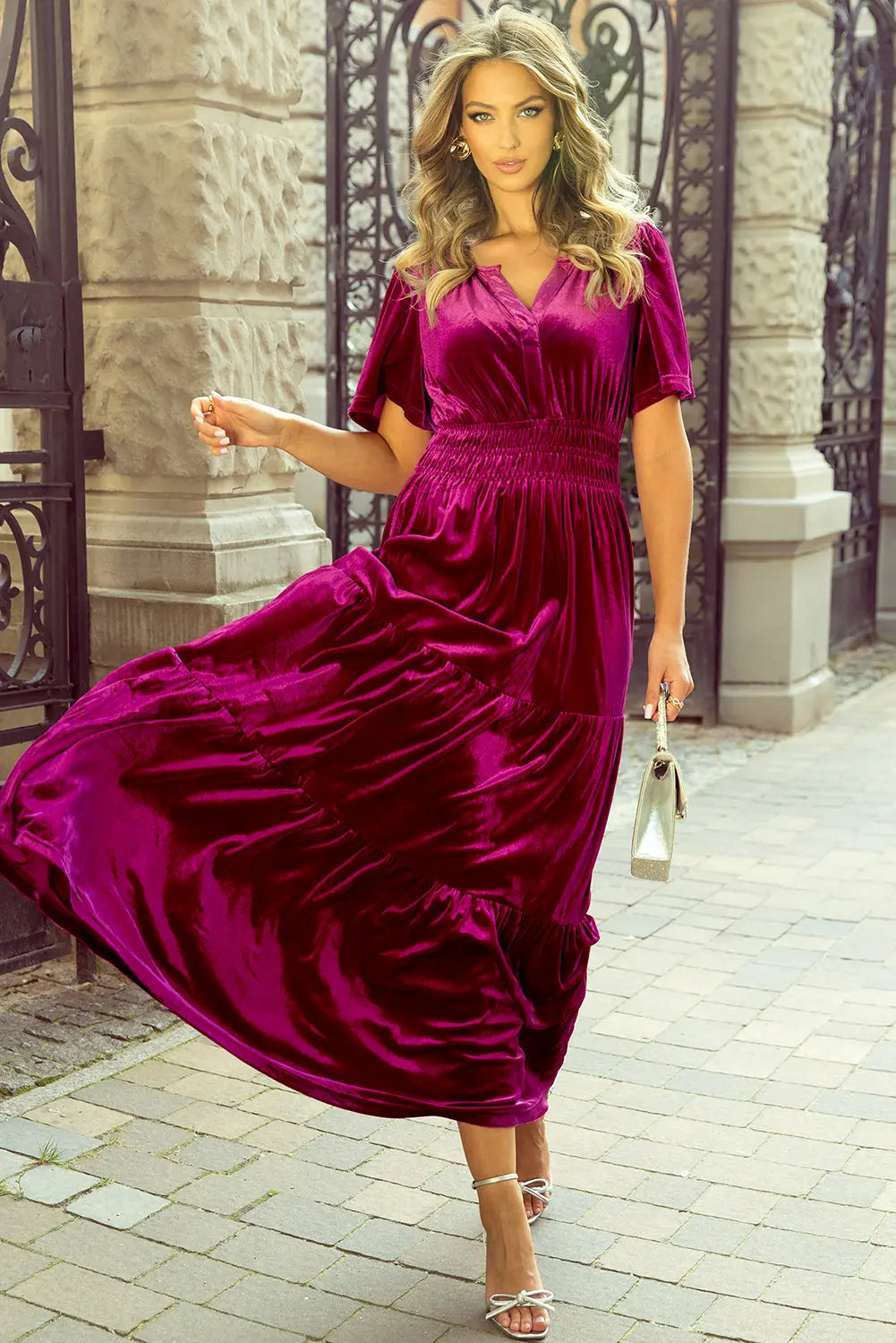 Velvet Short Sleeve Shirred Waist Tiered Maxi Dress - BB Fashion Outlet