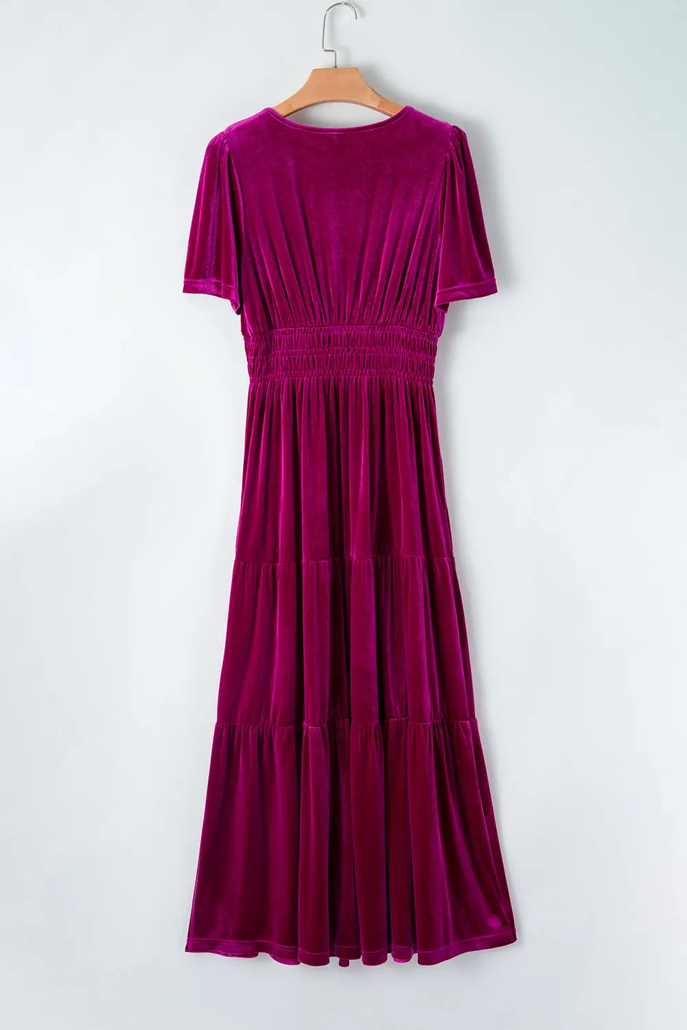 Velvet Short Sleeve Shirred Waist Tiered Maxi Dress - BB Fashion Outlet