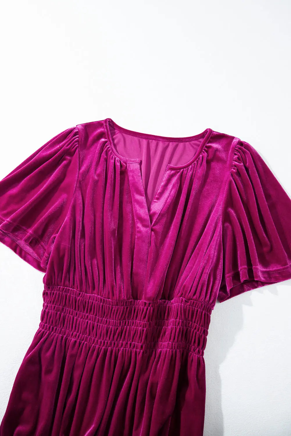 Velvet Short Sleeve Shirred Waist Tiered Maxi Dress - BB Fashion Outlet