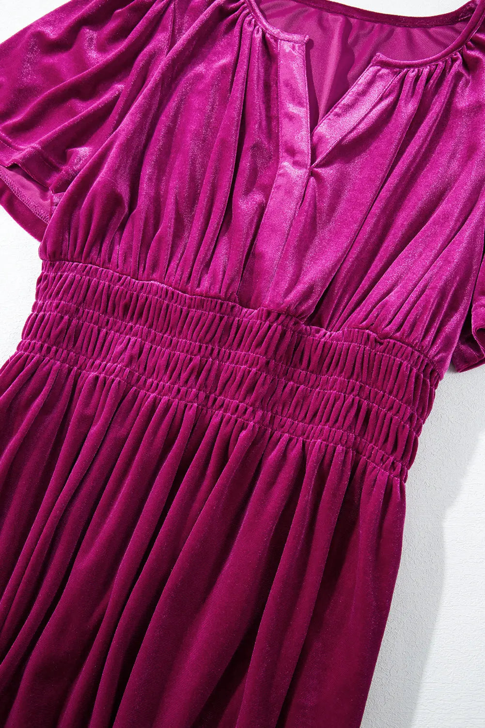 Velvet Short Sleeve Shirred Waist Tiered Maxi Dress - BB Fashion Outlet