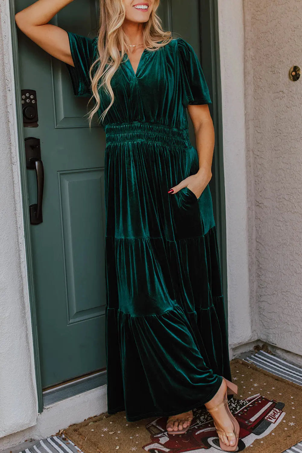 Velvet Short Sleeve Shirred Waist Tiered Maxi Dress - BB Fashion Outlet