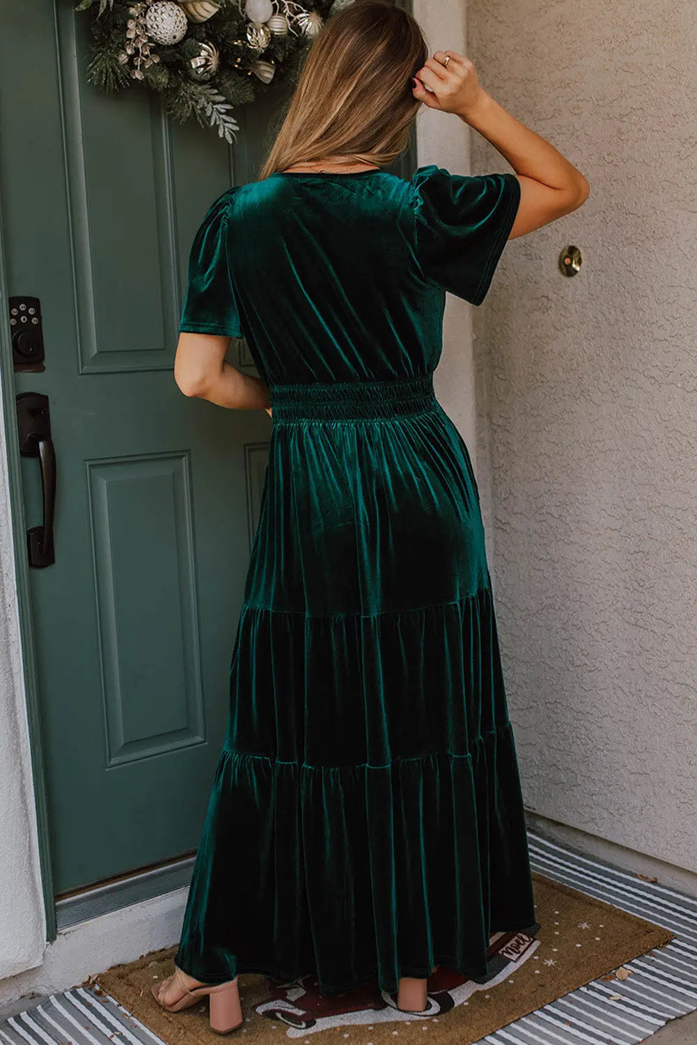 Velvet Short Sleeve Shirred Waist Tiered Maxi Dress - BB Fashion Outlet