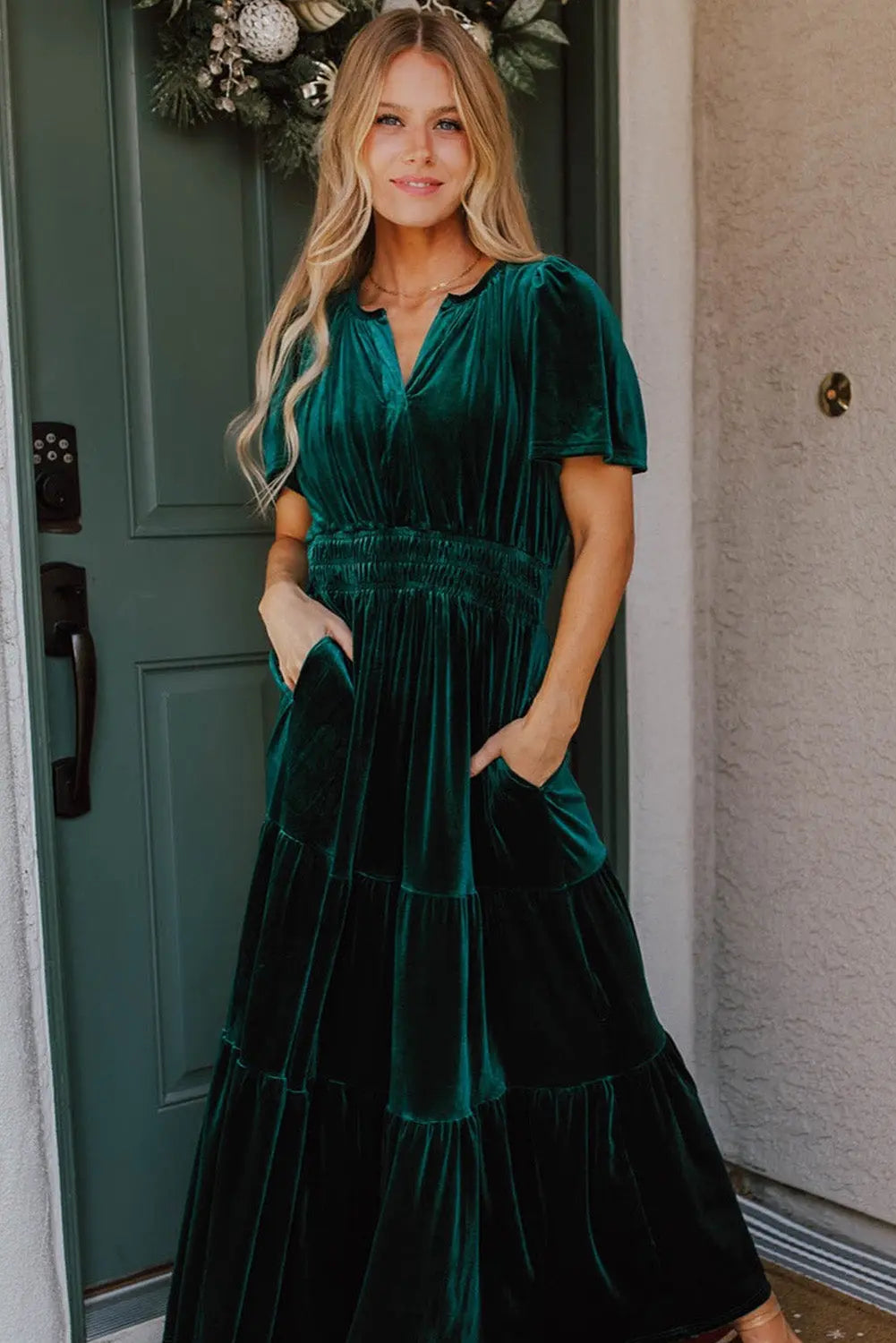 Velvet Short Sleeve Shirred Waist Tiered Maxi Dress - BB Fashion Outlet