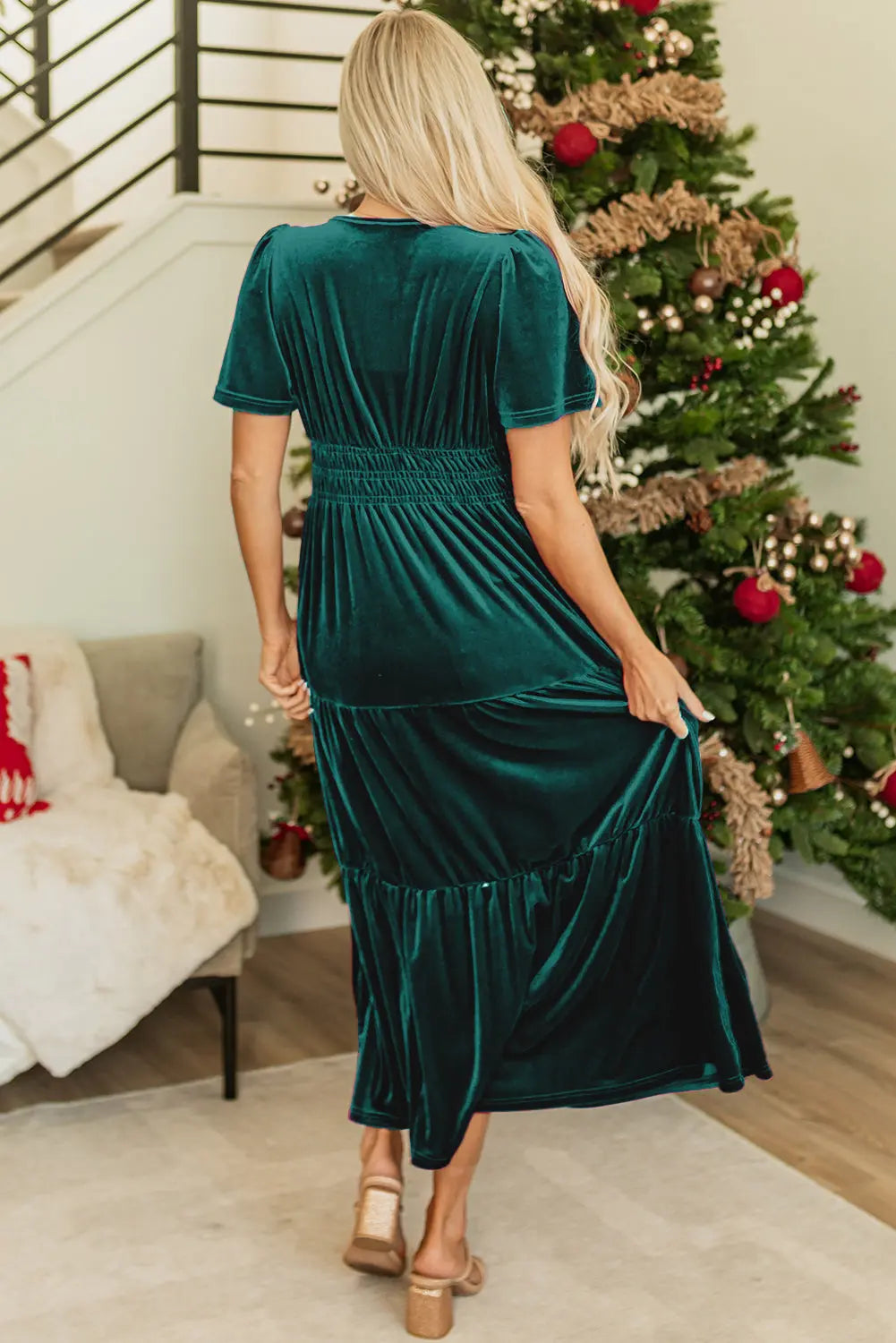 Velvet Short Sleeve Shirred Waist Tiered Maxi Dress - BB Fashion Outlet