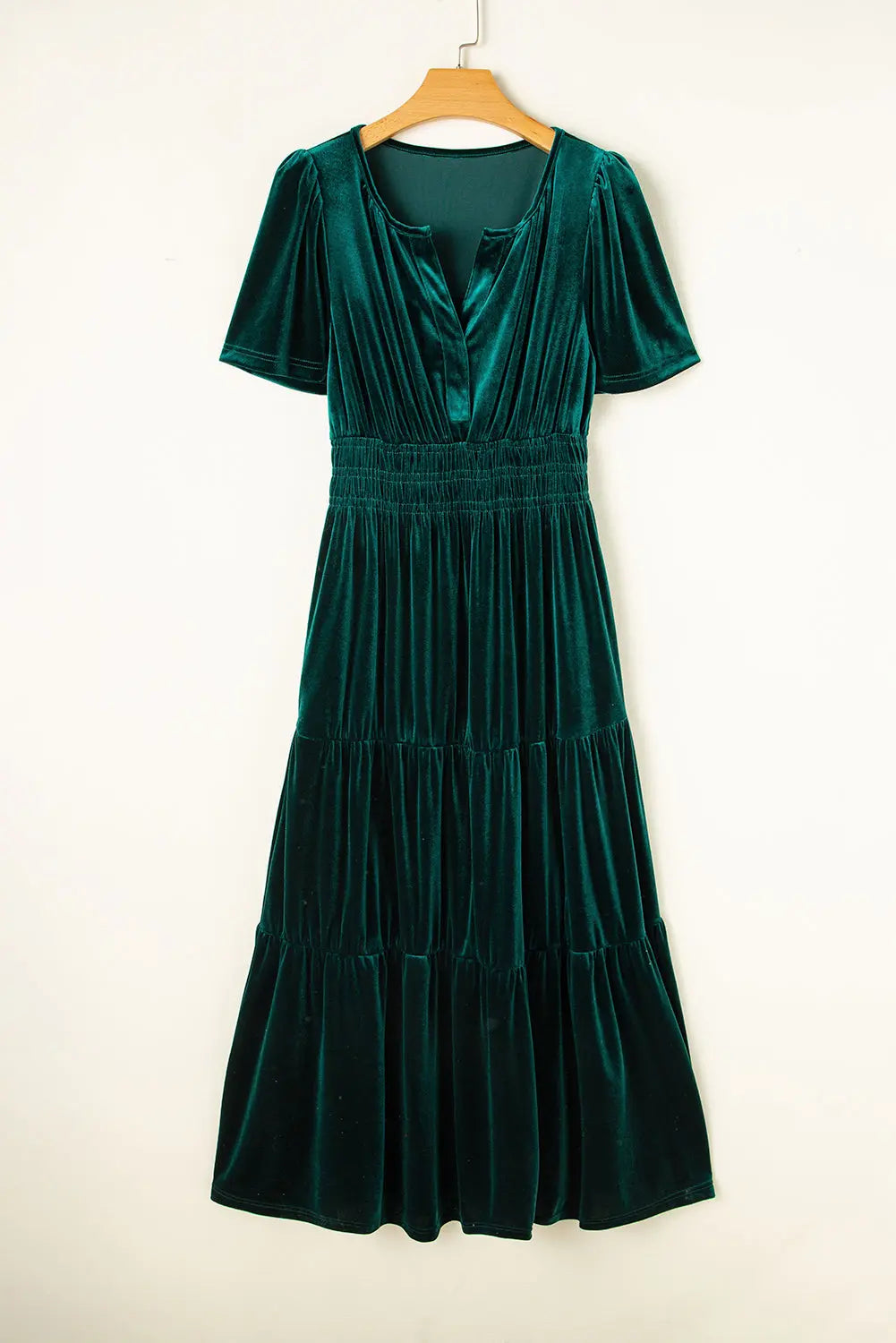 Velvet Short Sleeve Shirred Waist Tiered Maxi Dress - BB Fashion Outlet