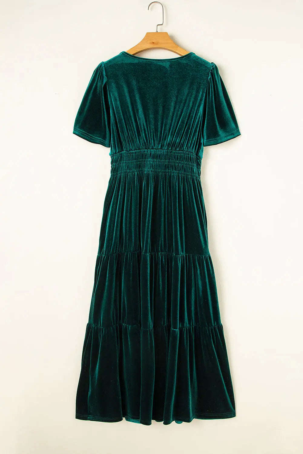 Velvet Short Sleeve Shirred Waist Tiered Maxi Dress - BB Fashion Outlet