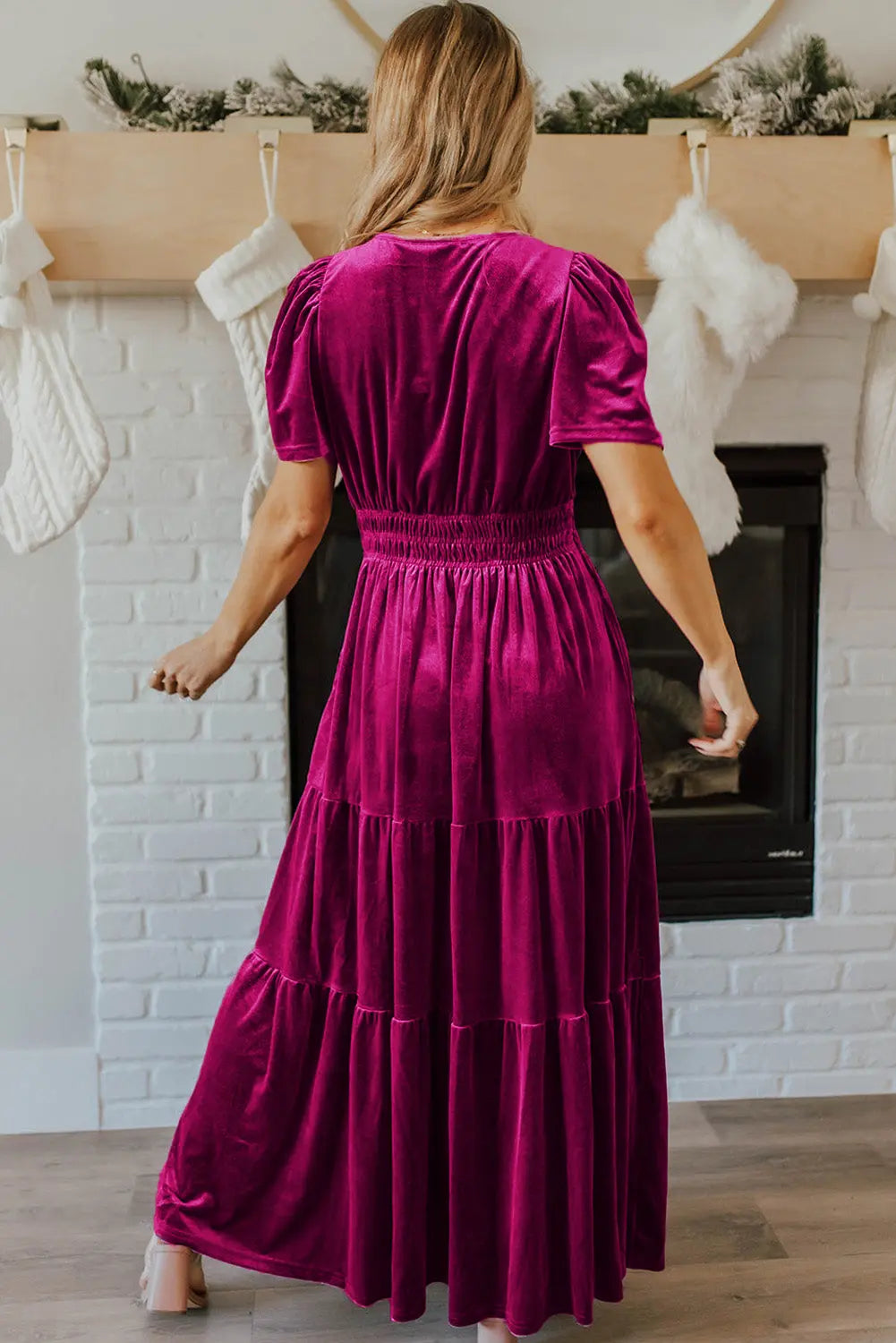Velvet Short Sleeve Shirred Waist Tiered Maxi Dress - BB Fashion Outlet