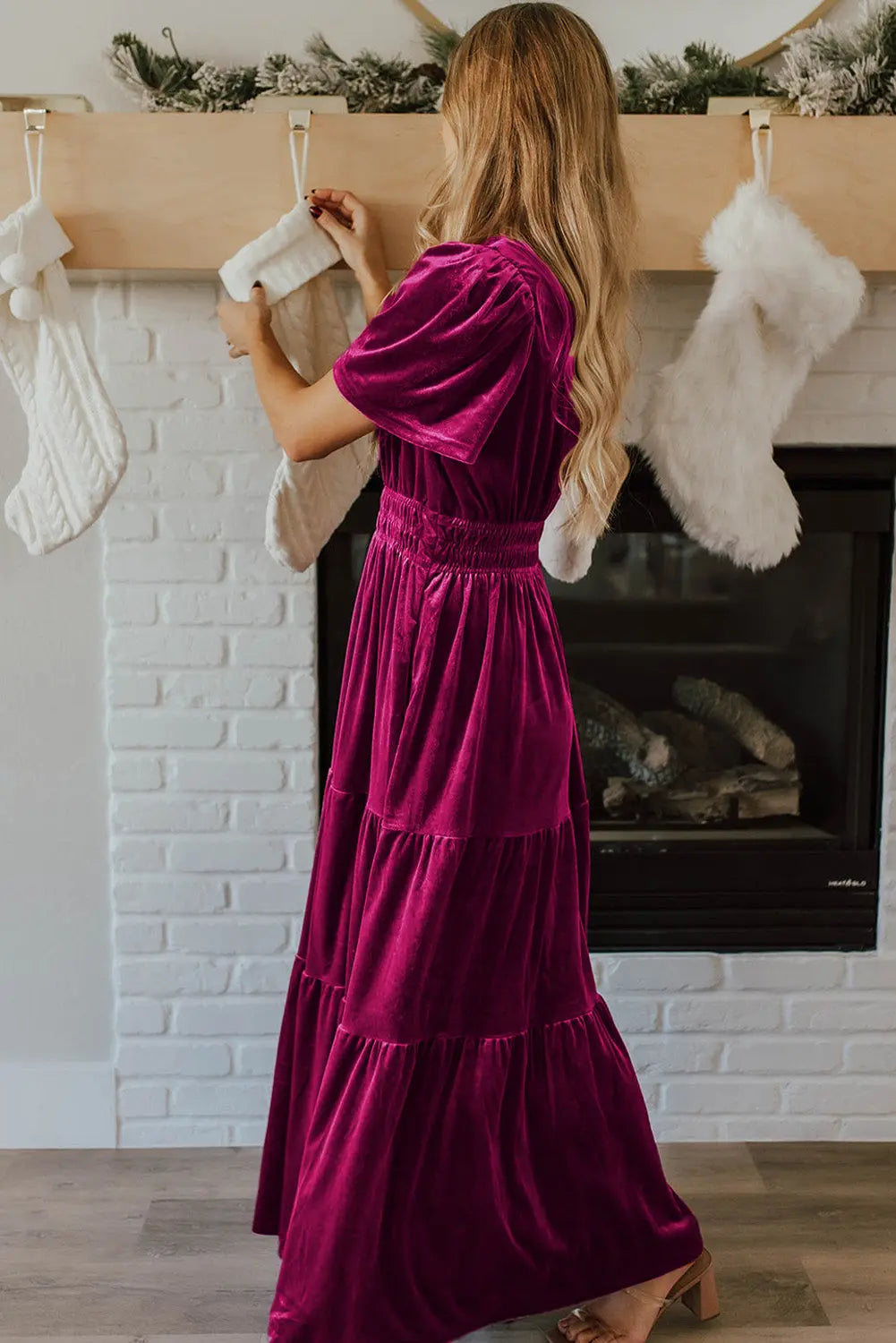 Velvet Short Sleeve Shirred Waist Tiered Maxi Dress - BB Fashion Outlet