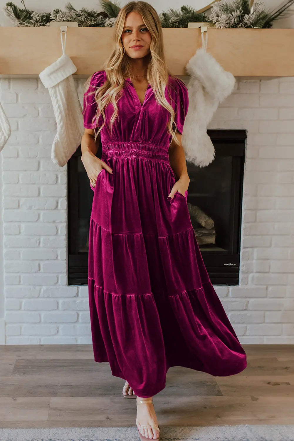 Velvet Short Sleeve Shirred Waist Tiered Maxi Dress - BB Fashion Outlet