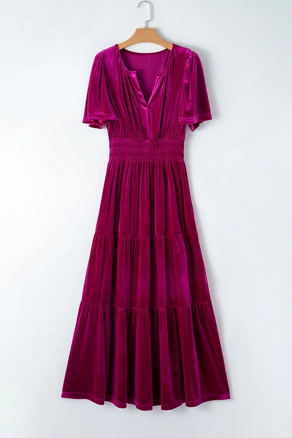 Velvet Short Sleeve Shirred Waist Tiered Maxi Dress - BB Fashion Outlet