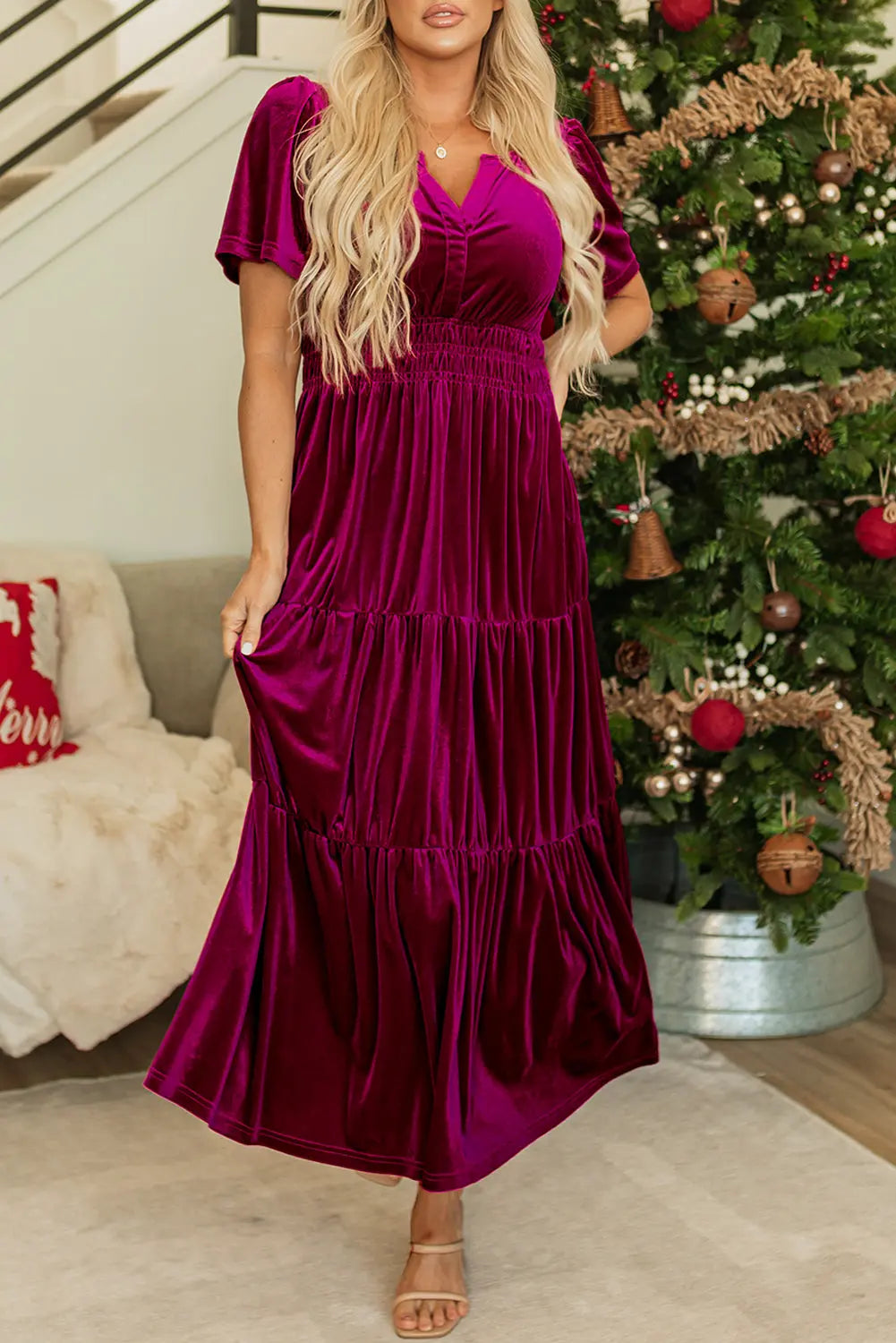 Velvet Short Sleeve Shirred Waist Tiered Maxi Dress - BB Fashion Outlet