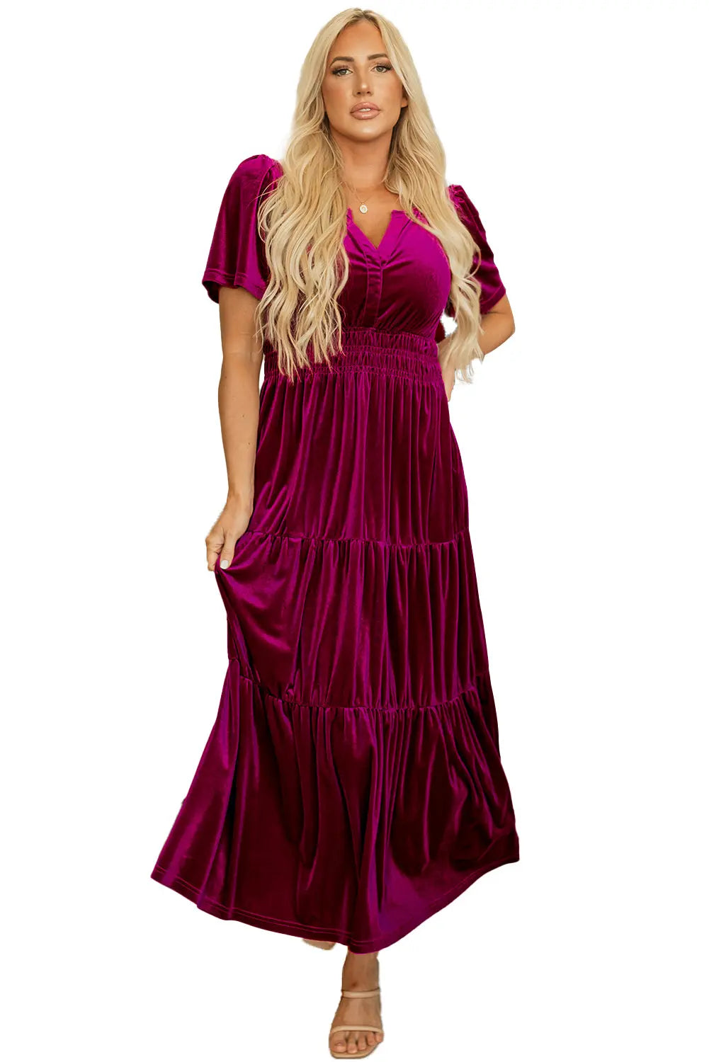 Evergreen Velvet Short Sleeve Shirred Waist Tiered Maxi Dress Beagle Boutique Fashion Outlet