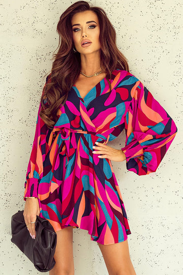 Fiery Red Abstract Printed Belted Puff Sleeve Mini Dress - RED / S / 100% POLYESTER - Dresses/PartyDress