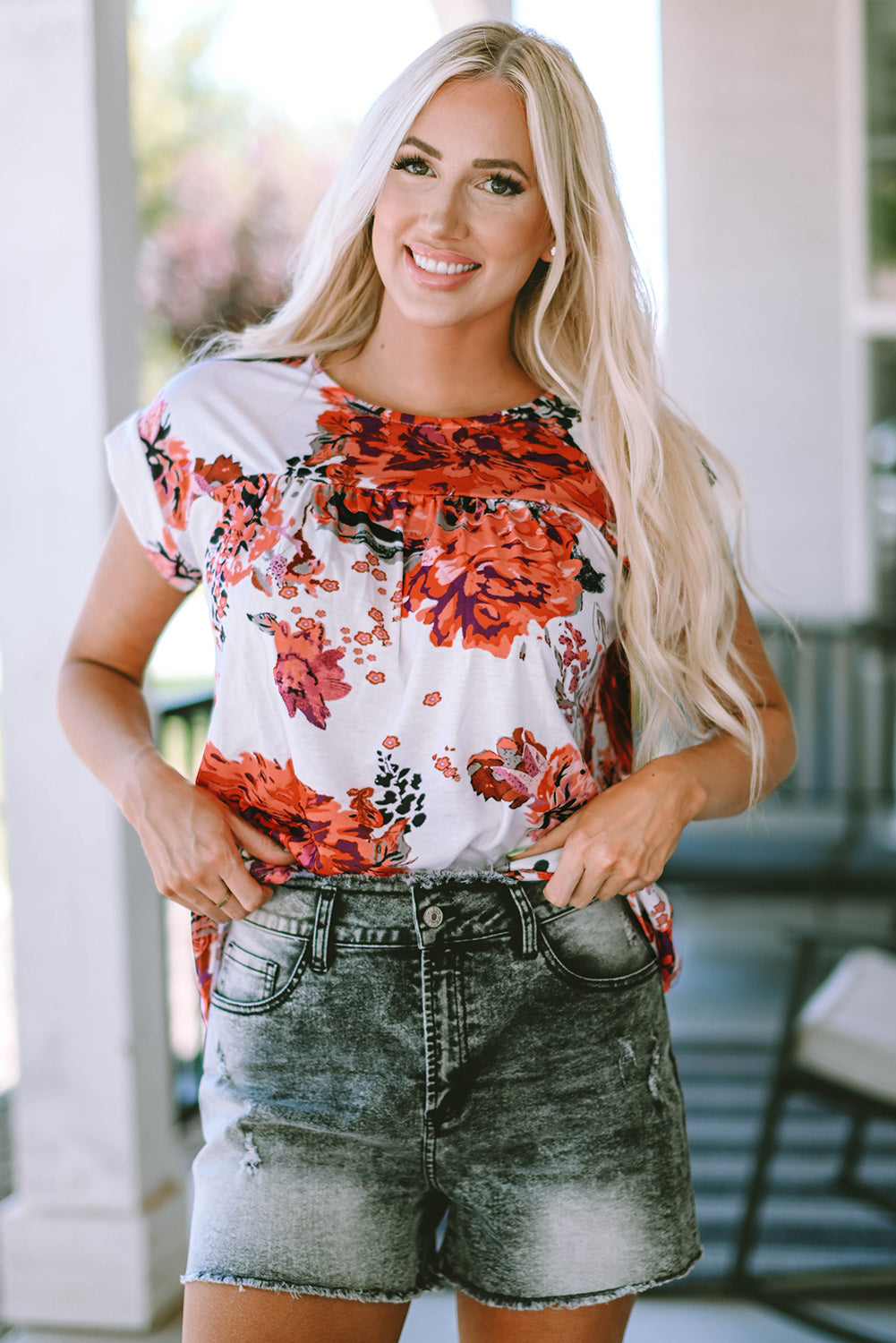 Fiery Red Floral Short Sleeve Round Neck Blouse - eAura