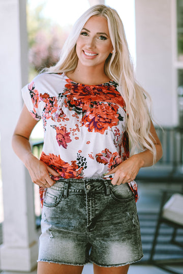 Fiery Red Floral Short Sleeve Round Neck Blouse - eAura