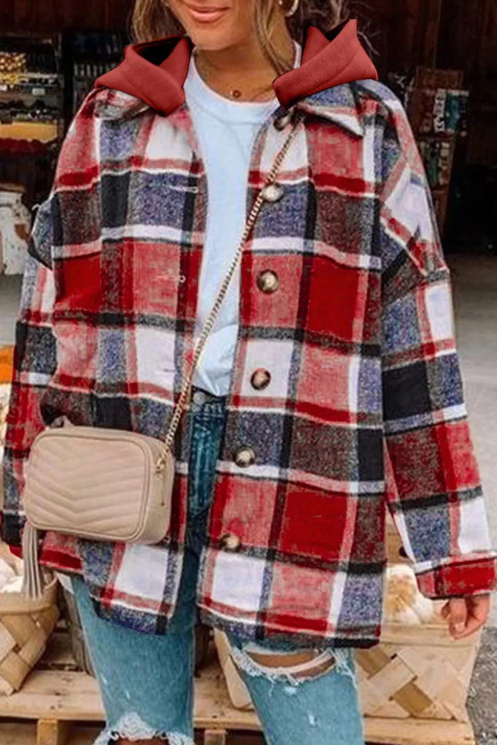 Fiery Red Hooded Plaid Button Front Shacket eAura