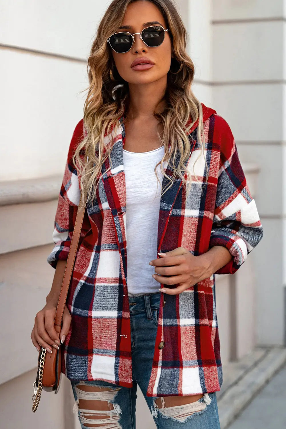 Fiery Red Hooded Plaid Button Front Shacket eAura