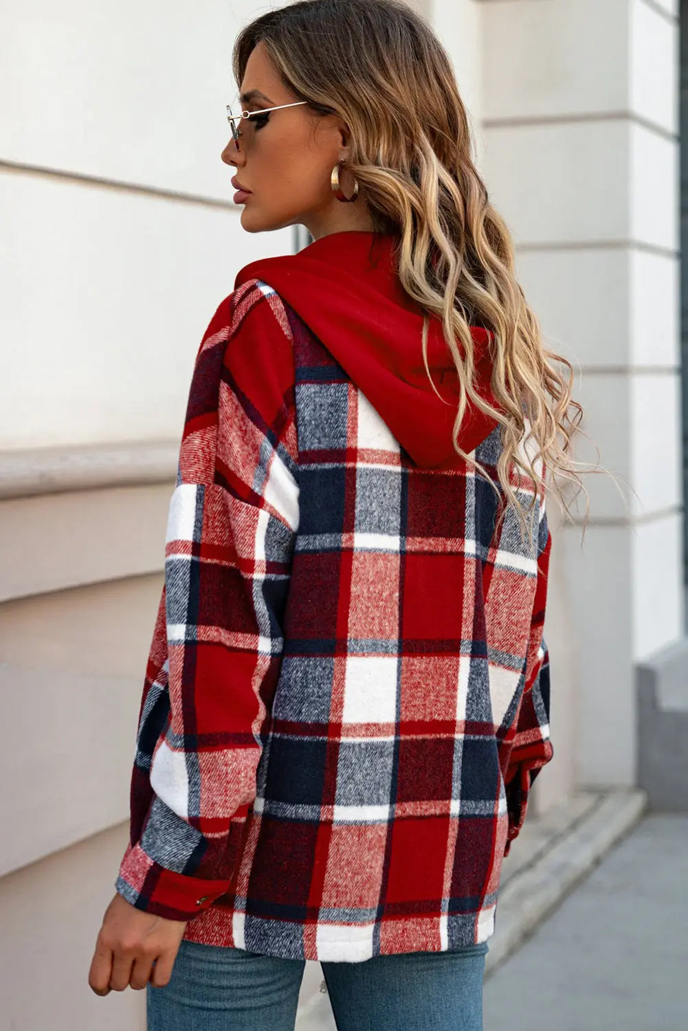 Fiery Red Hooded Plaid Button Front Shacket eAura