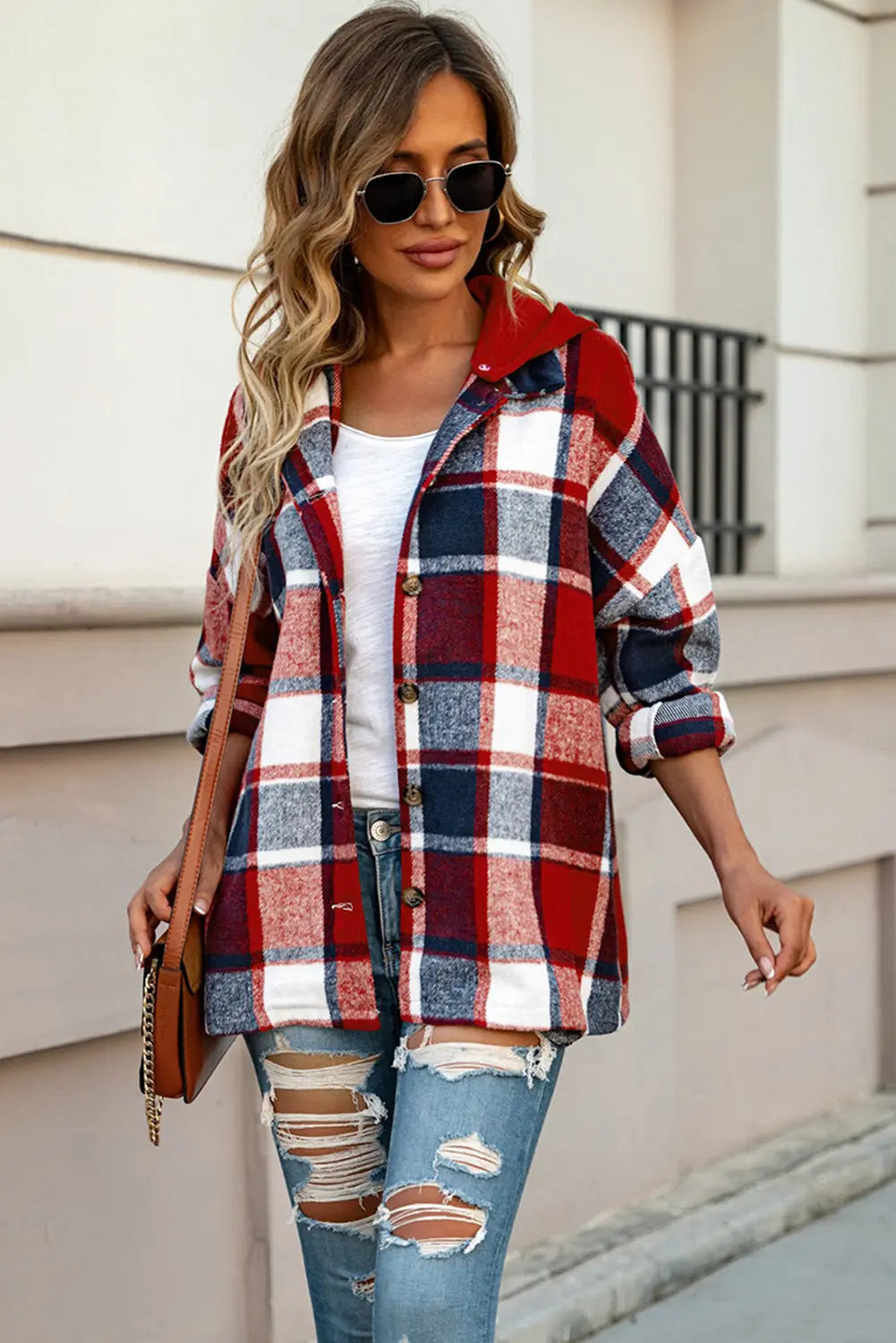 Fiery Red Hooded Plaid Button Front Shacket eAura