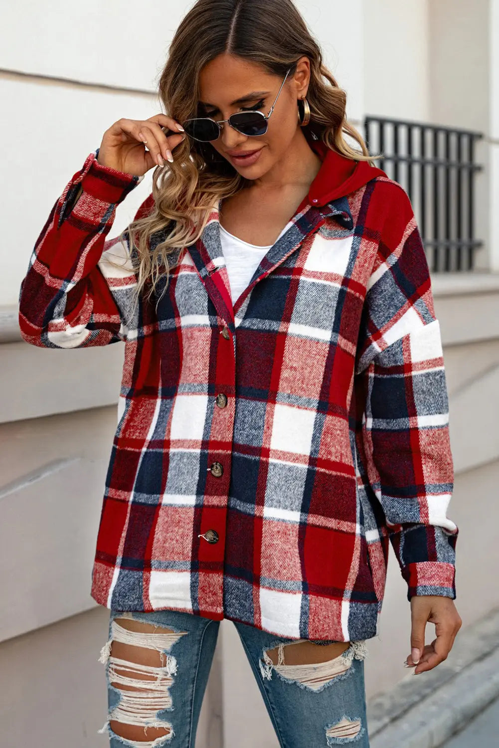 Fiery Red Hooded Plaid Button Front Shacket eAura