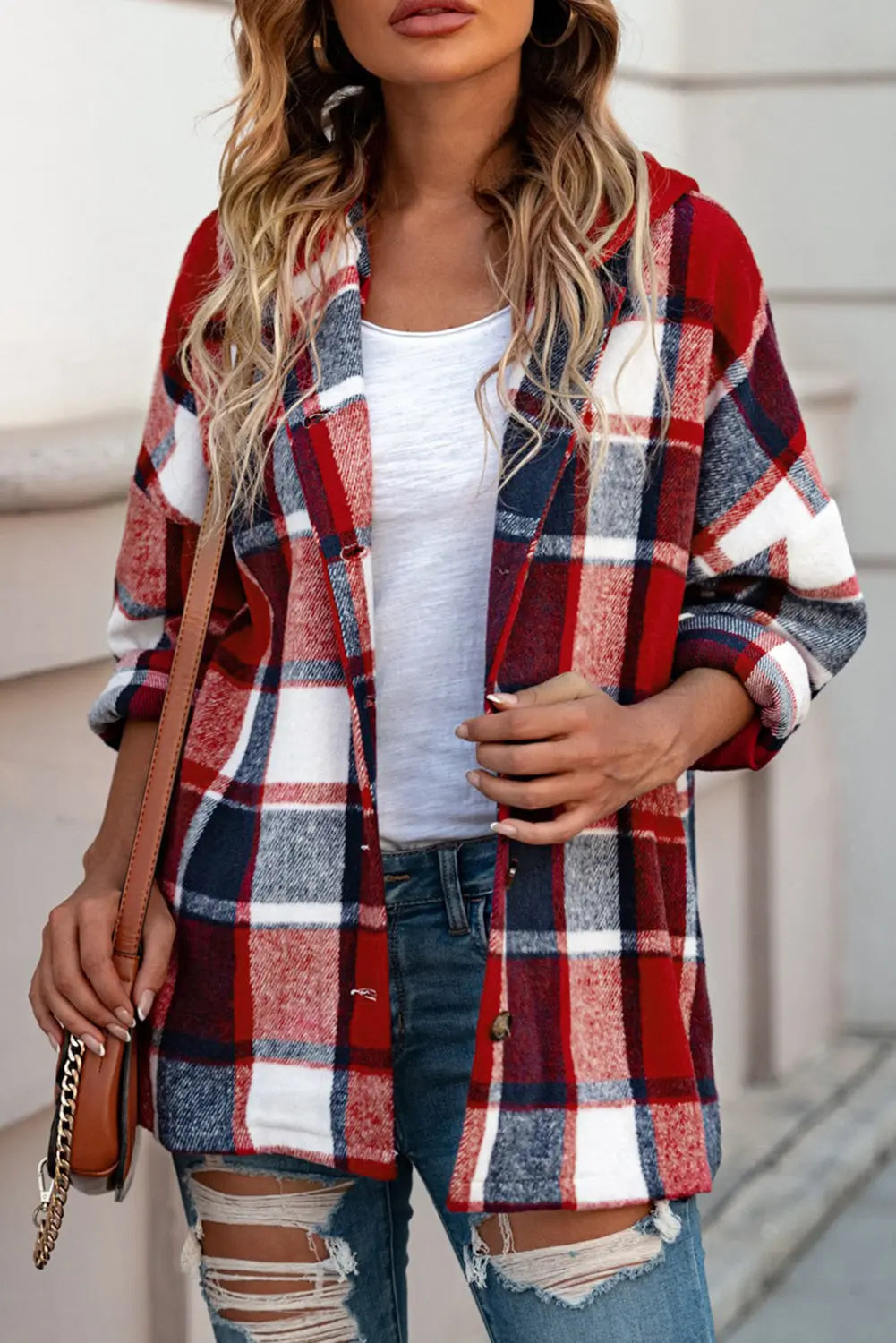 Fiery Red Hooded Plaid Button Front Shacket eAura