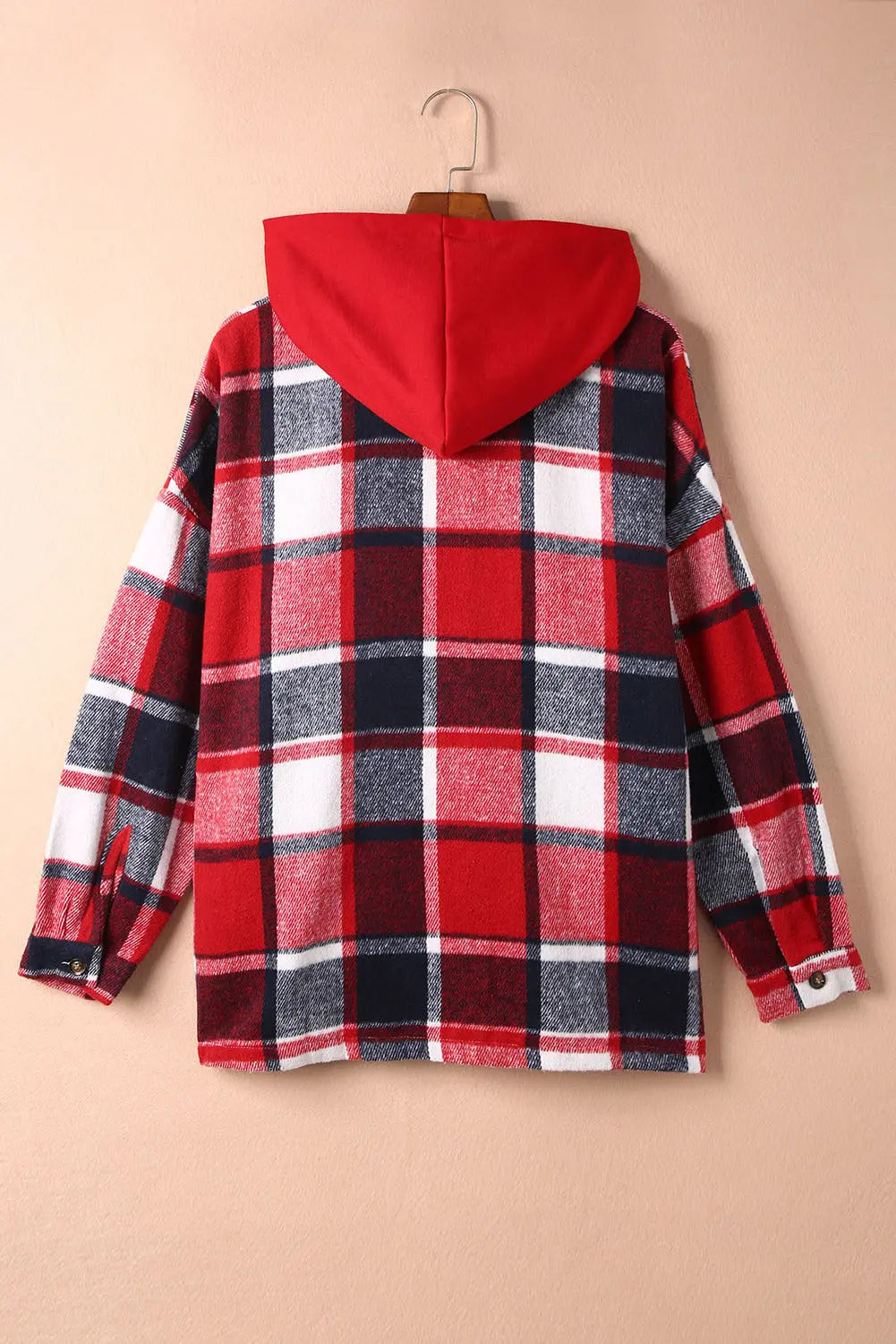 Fiery Red Hooded Plaid Button Front Shacket eAura