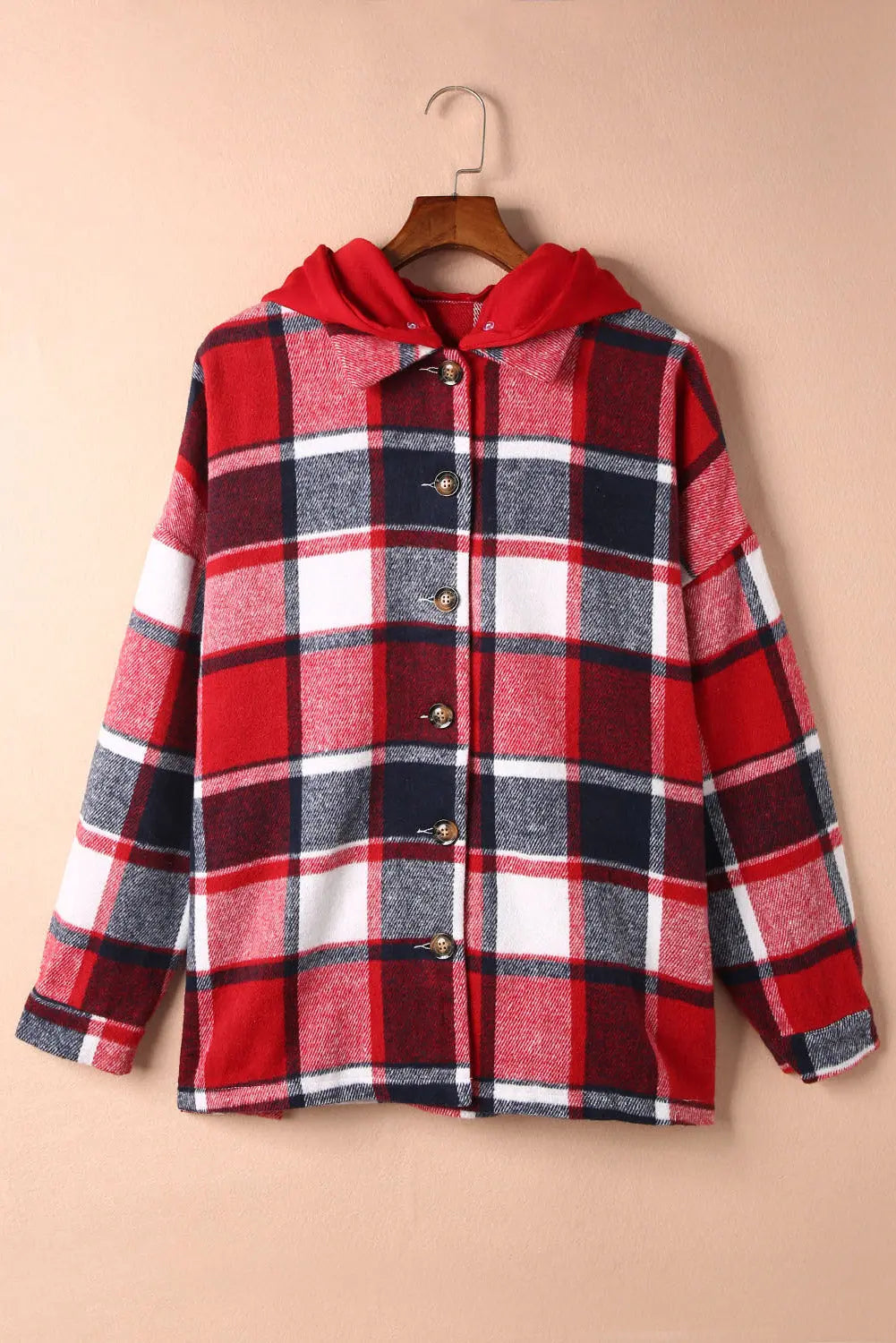 Fiery Red Hooded Plaid Button Front Shacket eAura