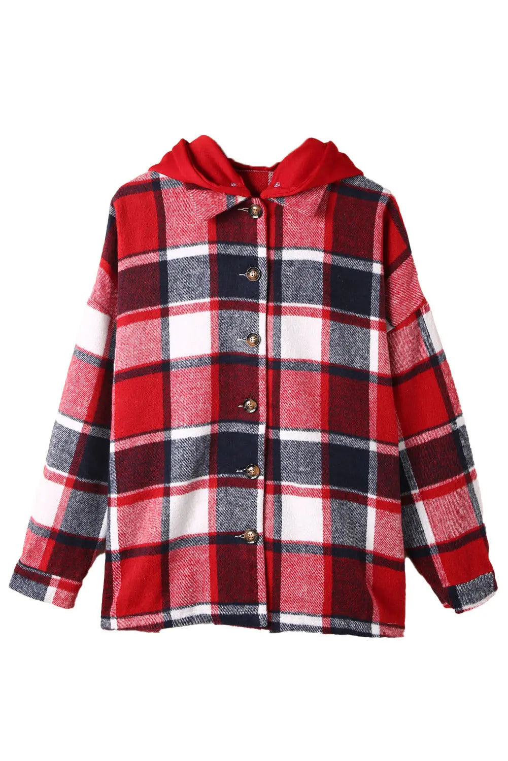 Fiery Red Hooded Plaid Button Front Shacket eAura