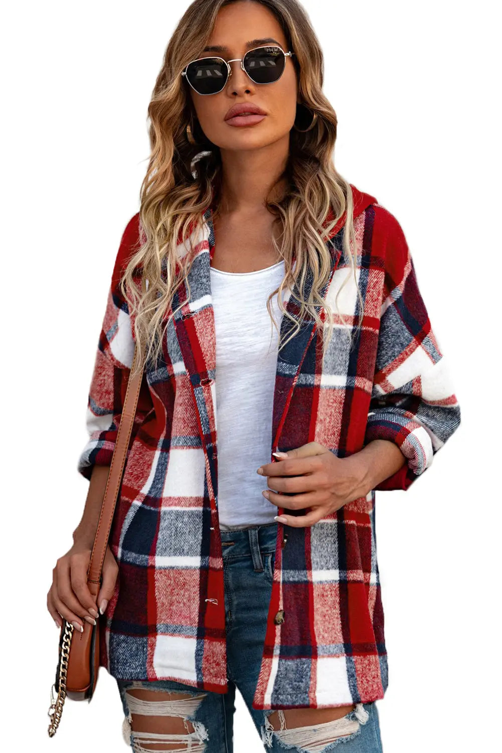 Fiery Red Hooded Plaid Button Front Shacket eAura