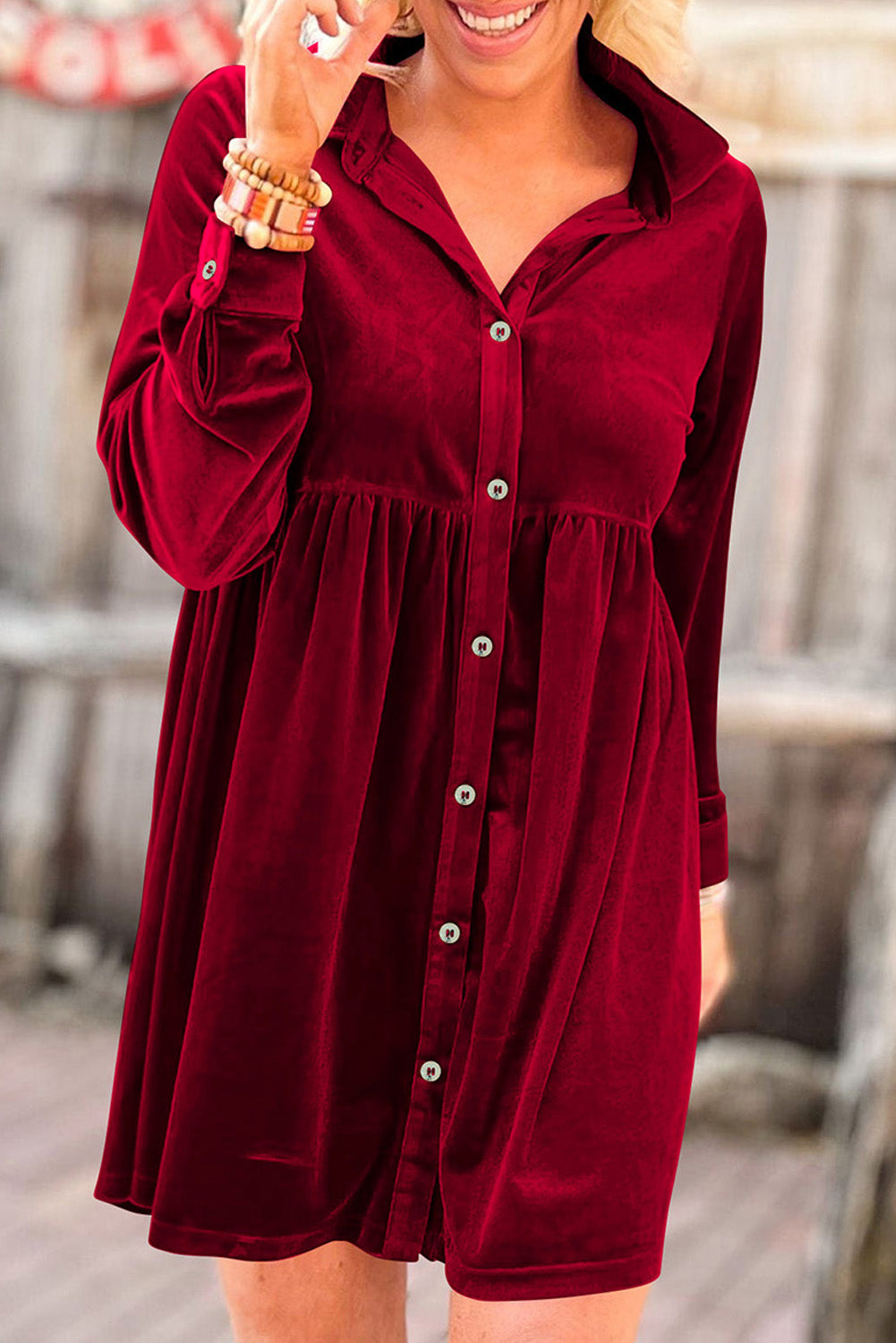 Fiery Red Long Sleeve Ruffle Velvet Button Up Dress - eAura