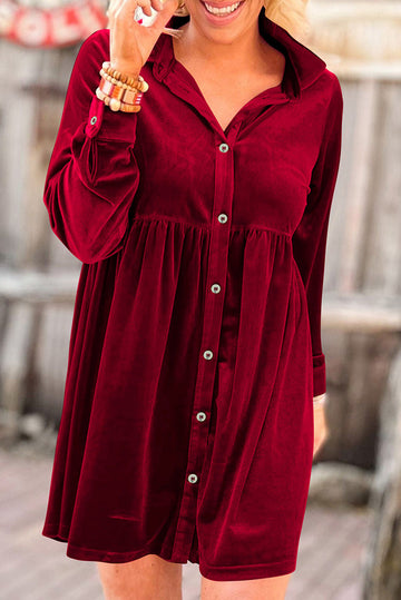 Fiery Red Long Sleeve Ruffle Velvet Button Up Dress - eAura