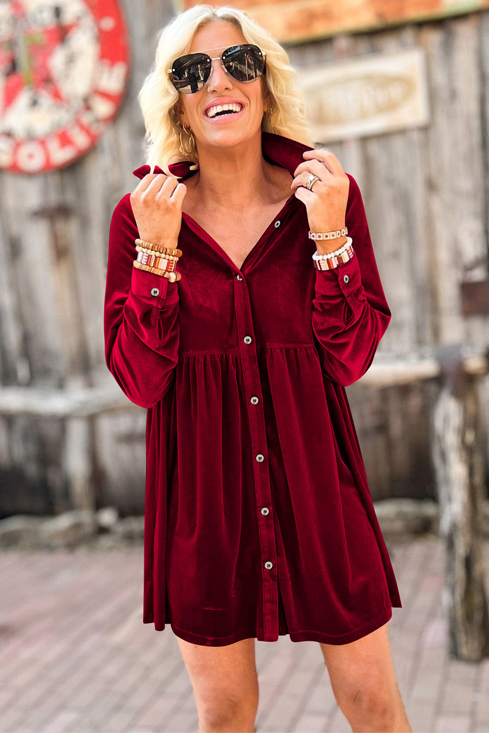 Fiery Red Long Sleeve Ruffle Velvet Button Up Dress - eAura