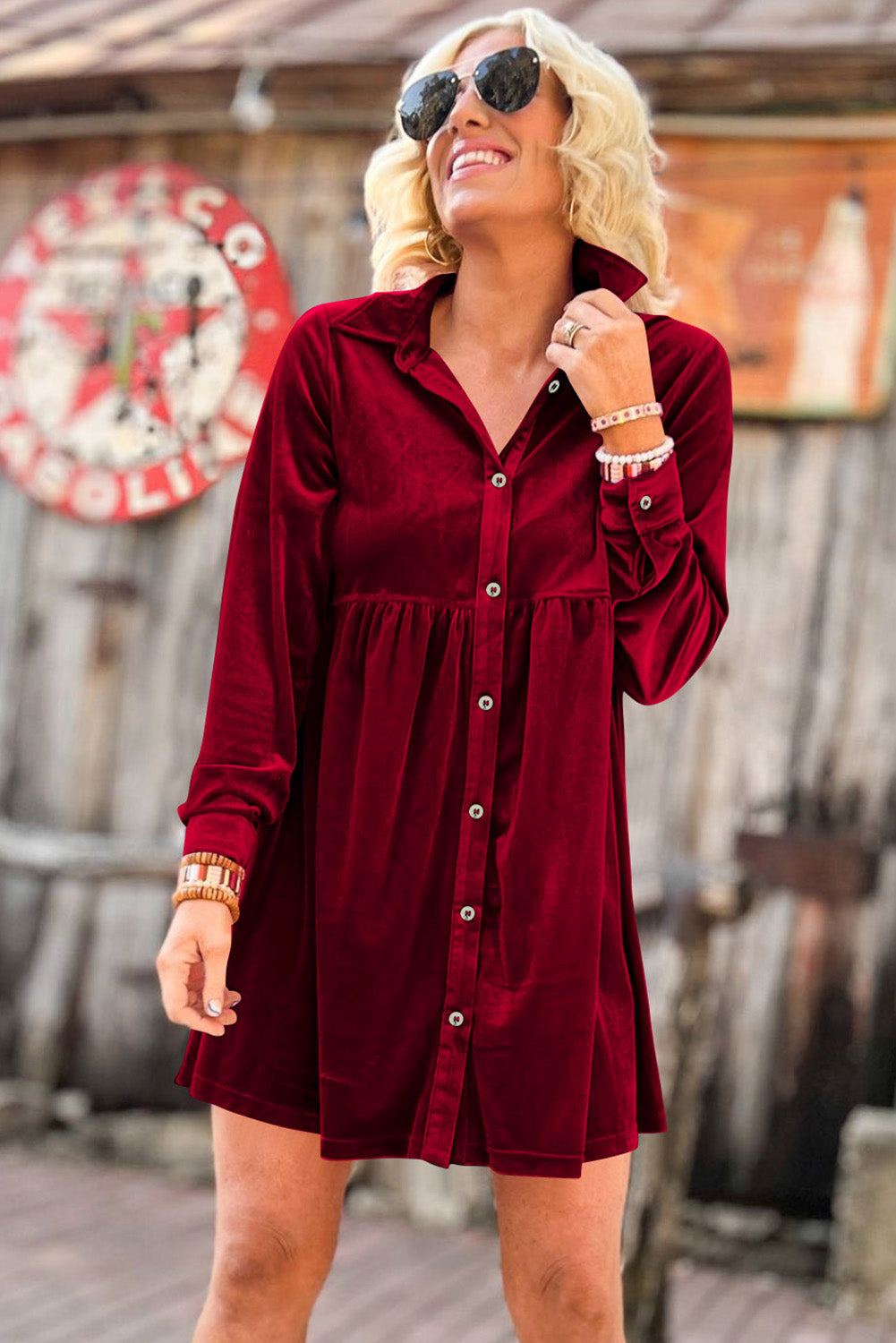 Fiery Red Long Sleeve Ruffle Velvet Button Up Dress - eAura