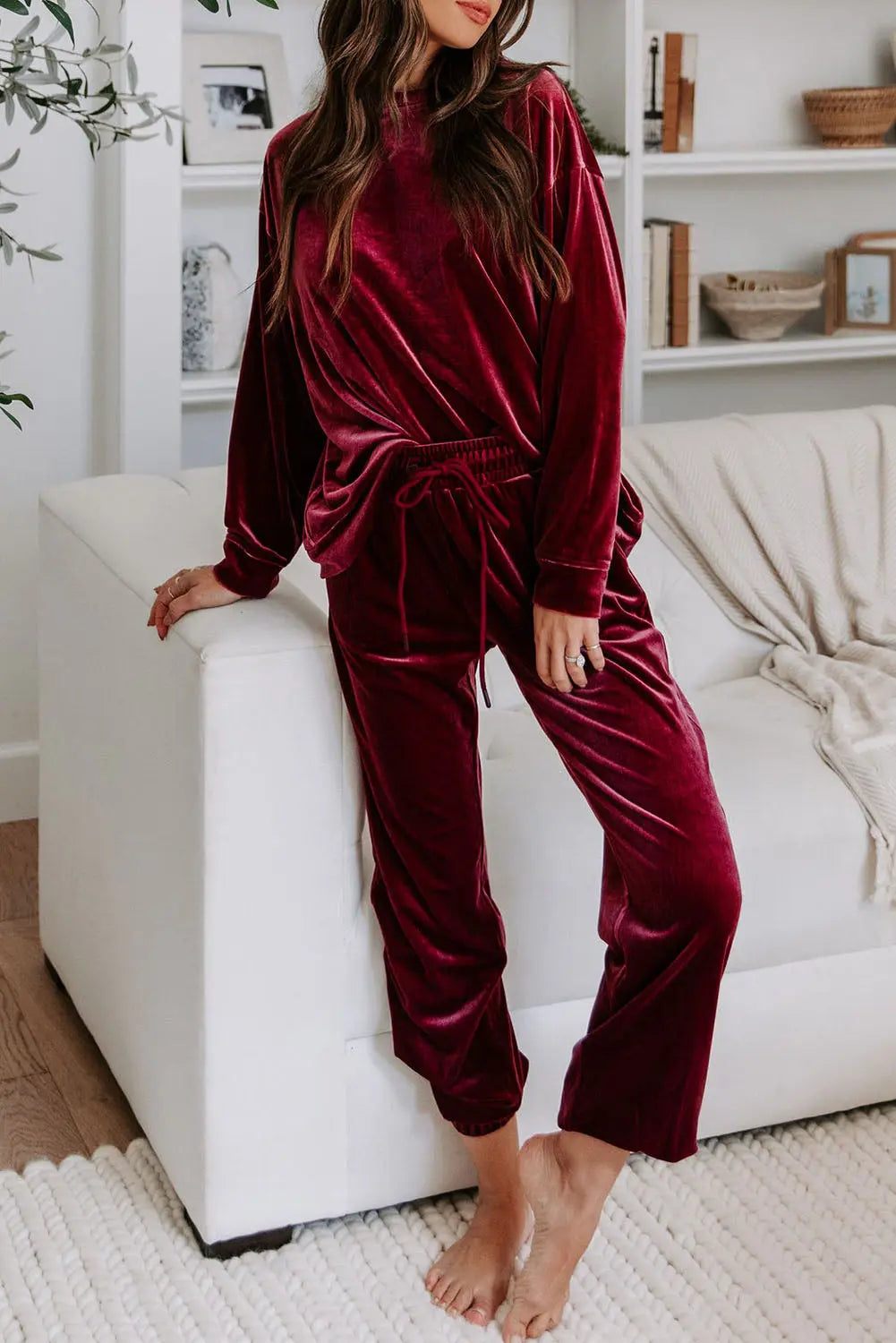 Fiery Red Solid Velvet Two Piece Lounge Set eAura