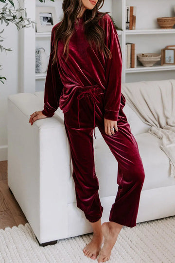 Fiery Red Solid Velvet Two Piece Lounge Set eAura