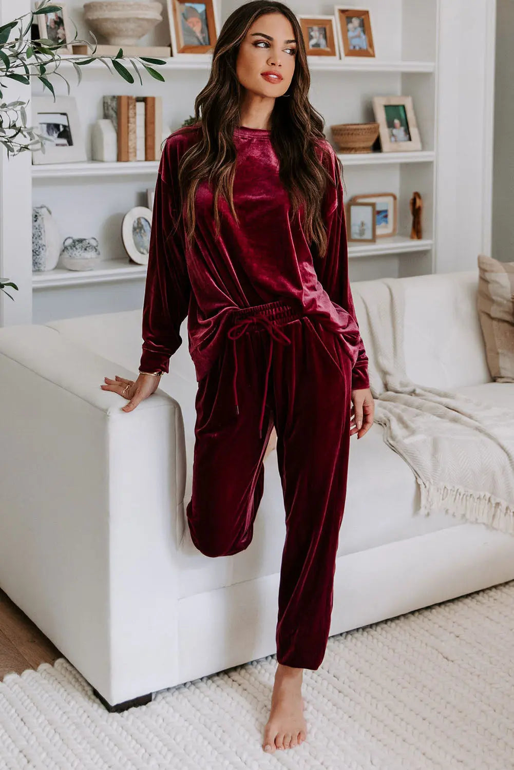 Fiery Red Solid Velvet Two Piece Lounge Set eAura