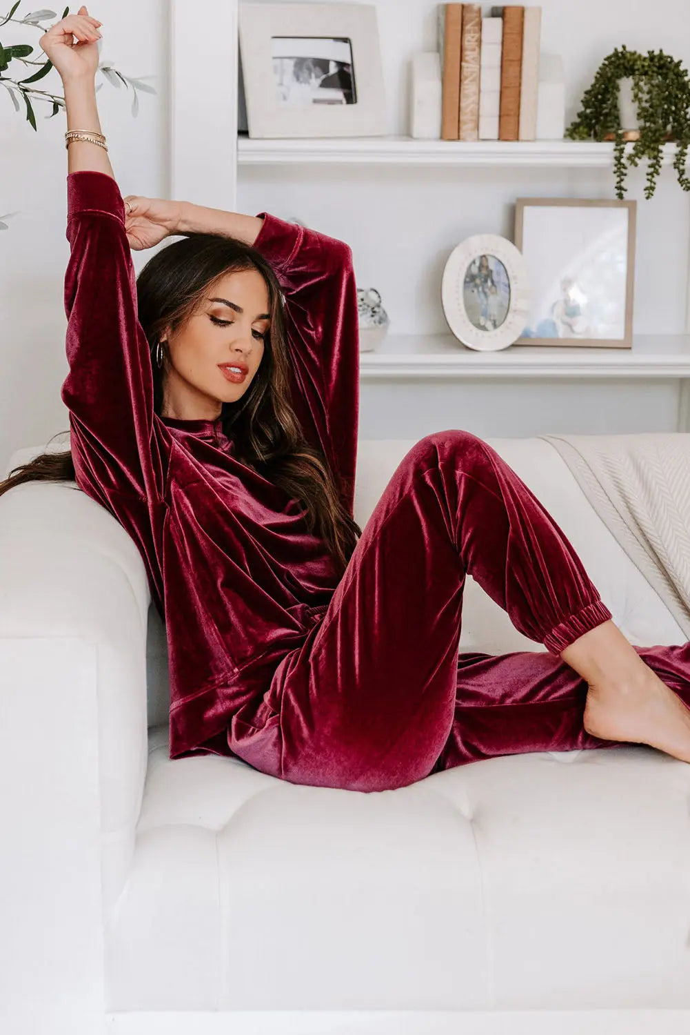 Fiery Red Solid Velvet Two Piece Lounge Set eAura
