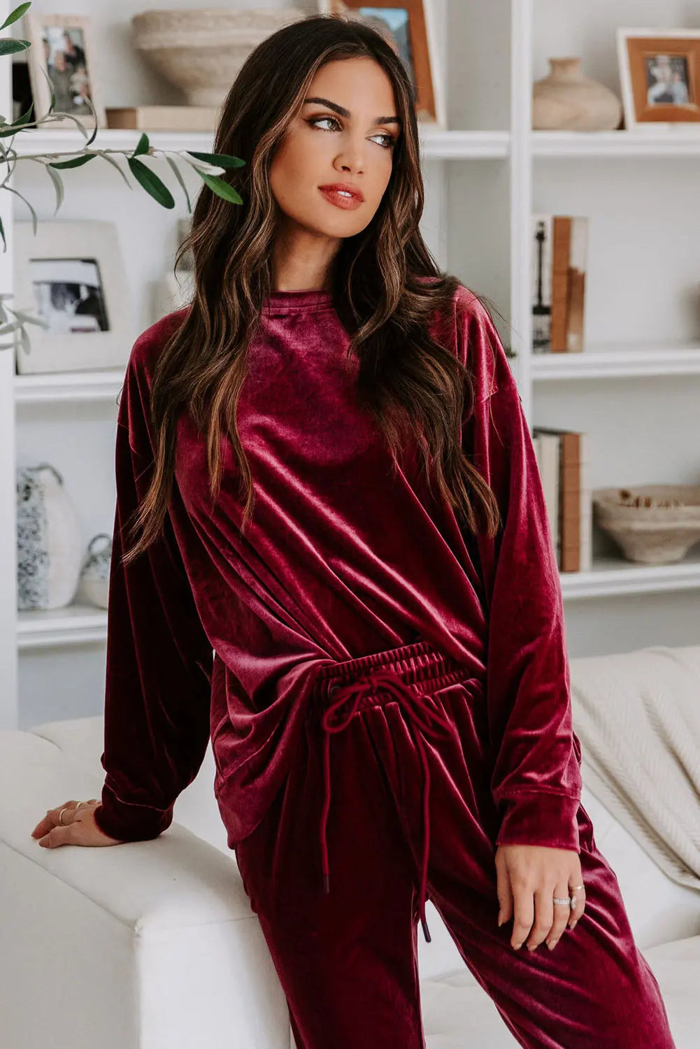 Fiery Red Solid Velvet Two Piece Lounge Set eAura