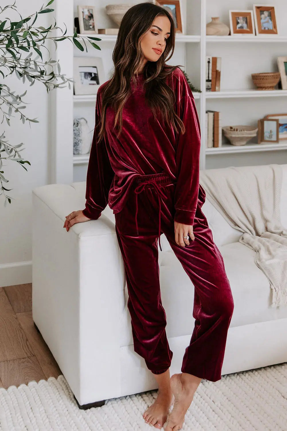 Fiery Red Solid Velvet Two Piece Lounge Set eAura