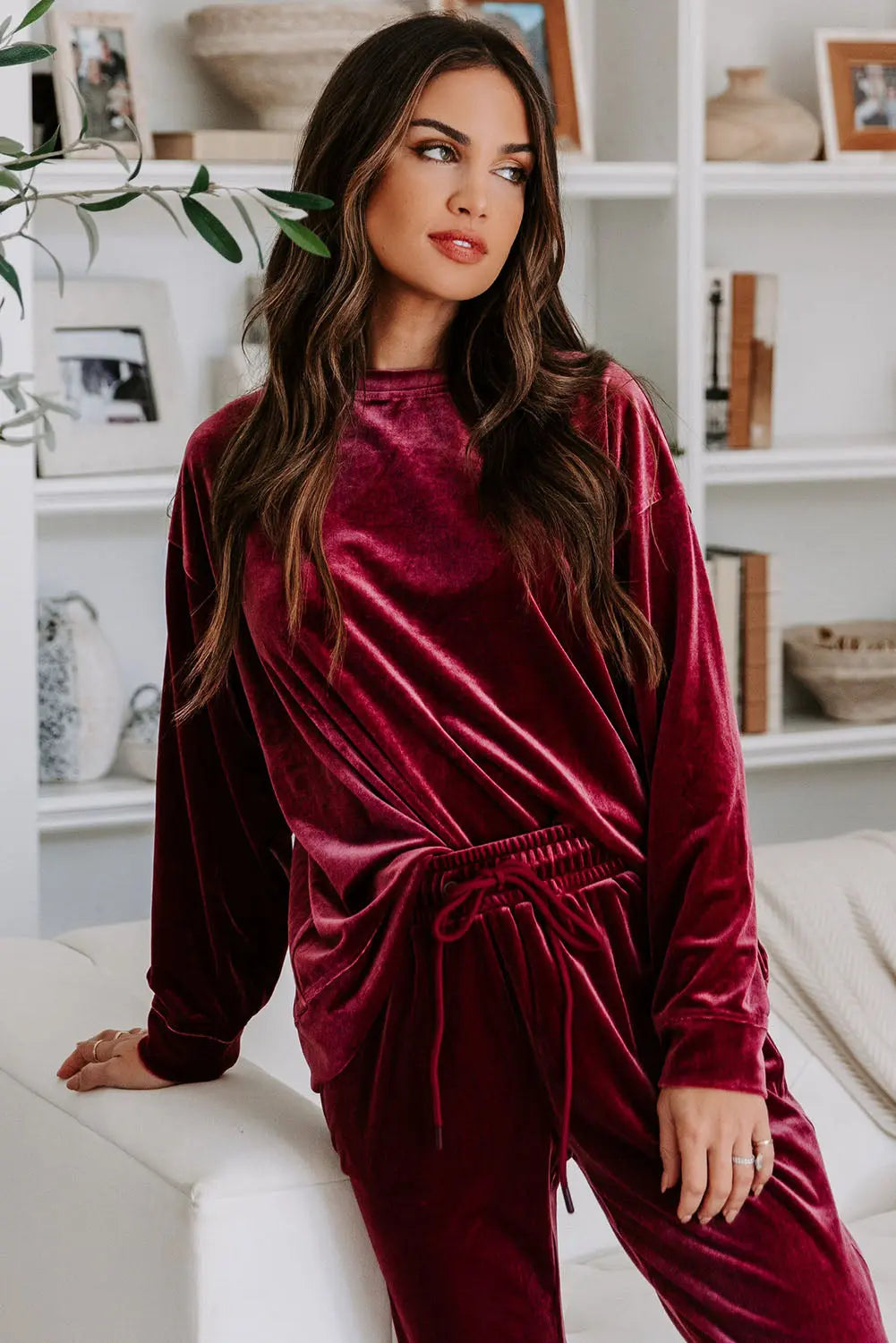 Fiery Red Solid Velvet Two Piece Lounge Set eAura
