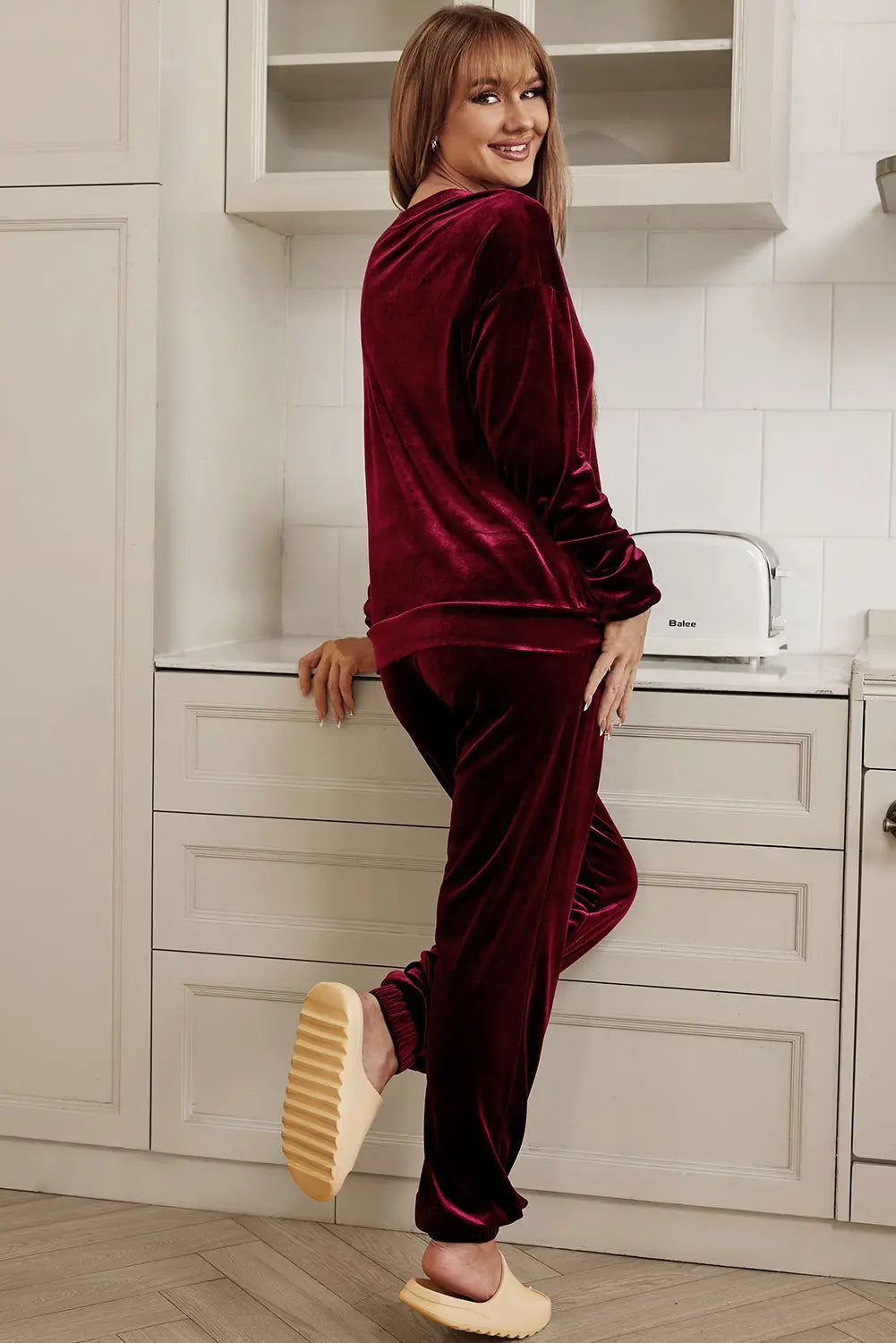Fiery Red Solid Velvet Two Piece Lounge Set eAura